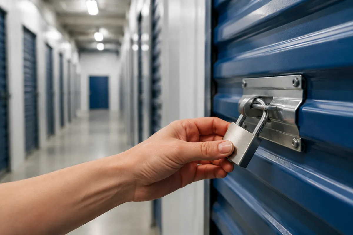 Cadenas argent&eacute; fix&eacute; sur la porte coulissante en m&eacute;tal d'un box de stockage individuel