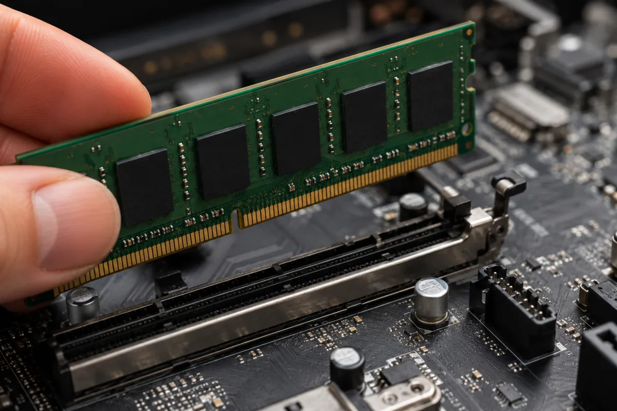 Barrette de RAM verte ins&eacute;r&eacute;e dans un slot de carte m&egrave;re en gros plan