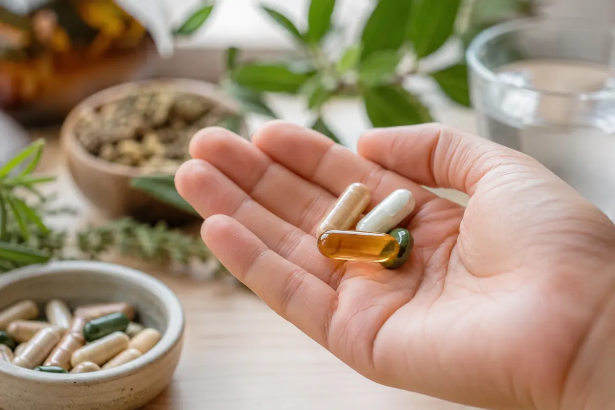 Gros plan sur des g&eacute;lules de rhodiola et une notice dans la paume d'une main masculine