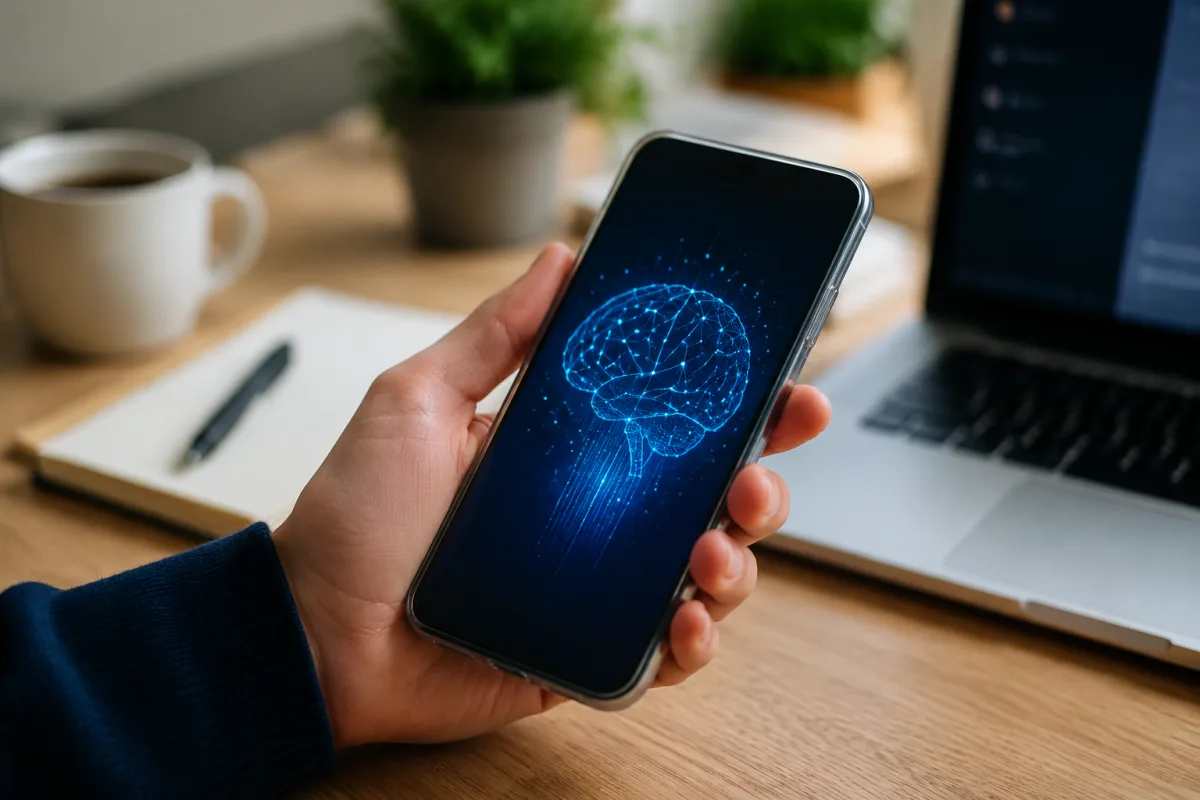Gros plan sur les doigts d'une personne tapant une requ&ecirc;te dans un assistant IA sur smartphone