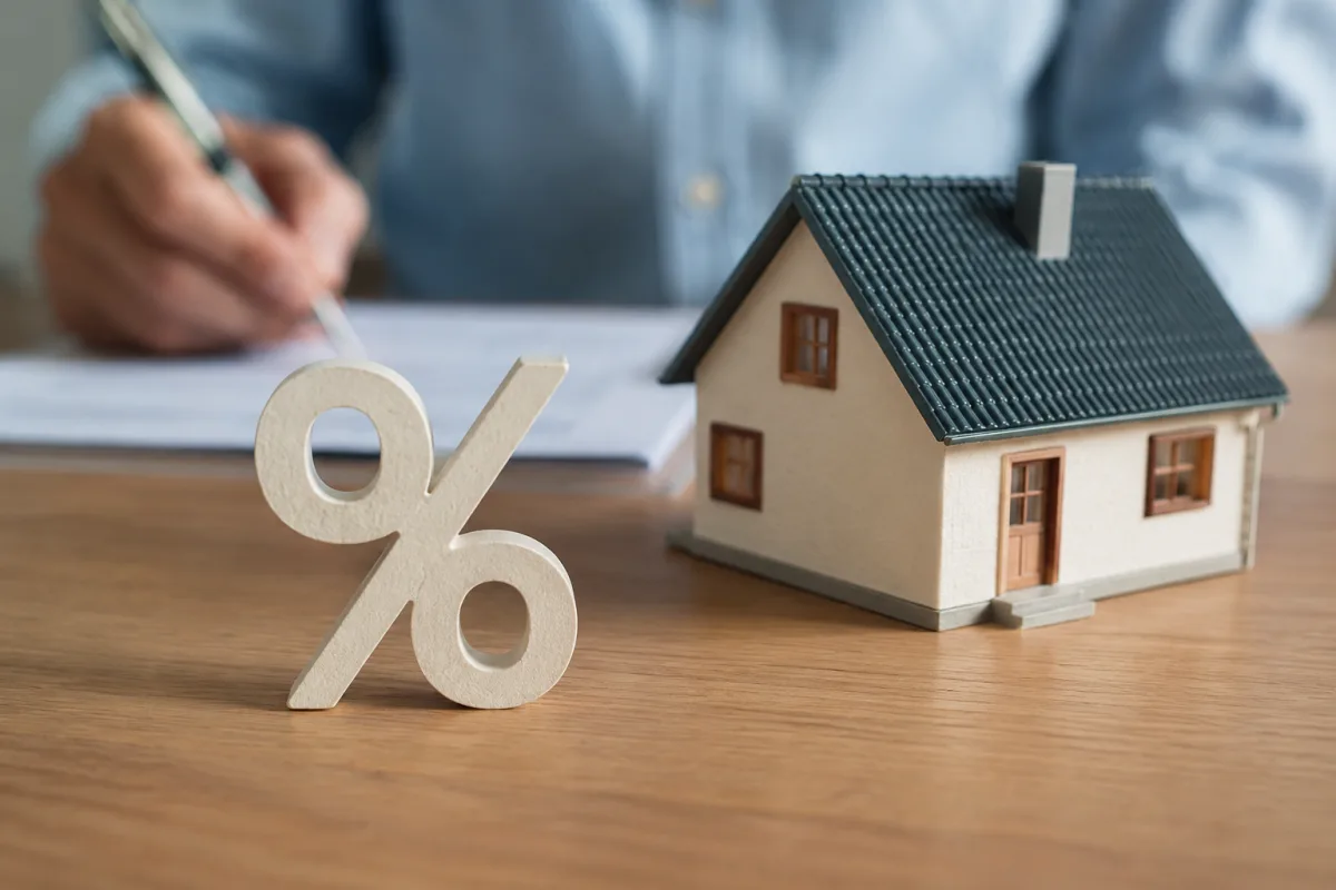 Main posant un stylo sur un tableau de simulation de pr&ecirc;t immobilier avec chiffres manuscrits